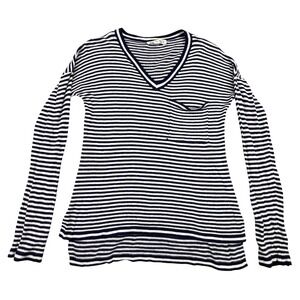 Pink Rose Shirt Women's Small Long Sleeve Navy Blue White Stripes V-Neck
